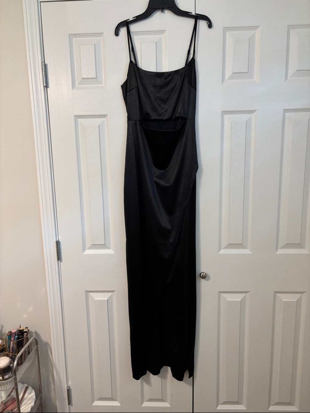 Blue Blush Black Satin Maxi Dress with Cutout